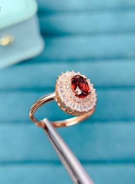 天然石榴石戒指S925银精工镶嵌全净体鸽血红戒指配证书