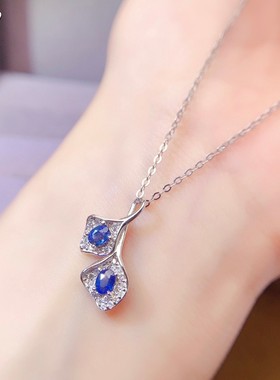 天然蓝宝石吊坠925银镀金秋叶时尚3times4mm日韩送女友礼物不掉色