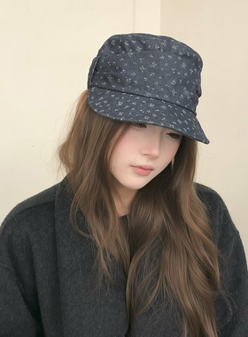 SLN 韩系深蓝色碎花平顶帽子女文艺显白藏青色报童帽宽檐鸭舌帽