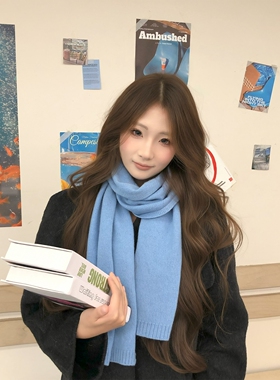 SLN 秋冬新款韩版高端纯色纯羊毛针织围巾女保暖百搭蓝色围脖披肩