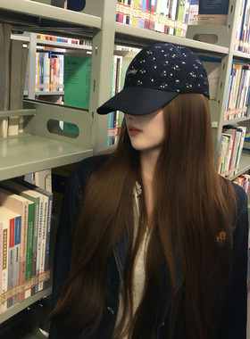 SLN韩版碎花刺绣棒球帽女百搭鸭舌帽显脸小休闲遮阳帽墨蓝色可调