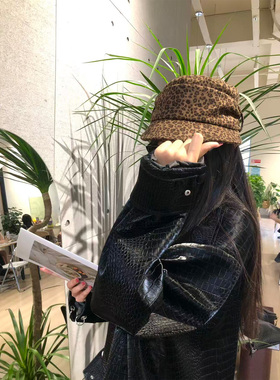 SLN复古豹纹休闲帽女秋冬百搭英伦风八角帽时尚显脸小画家帽女帽