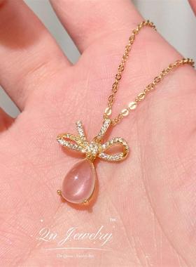 Qn Jewelry/桃乐丝 天然莫粉蝴蝶结纯银项链A40