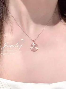 Qn Jewelry/ 蝶影醺梦 小胖墩平安扣天然莫粉s925纯银项链A54