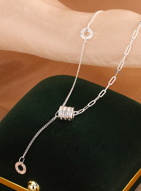 s990纯银小蛮腰流苏项链女轻奢小众设计三排钻转运圆筒流苏锁骨链