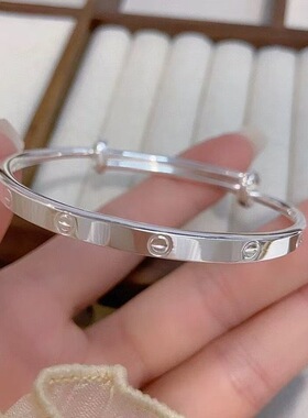 足银9999纯银手镯女日韩简约推拉镯子时尚百搭气质手环送女友