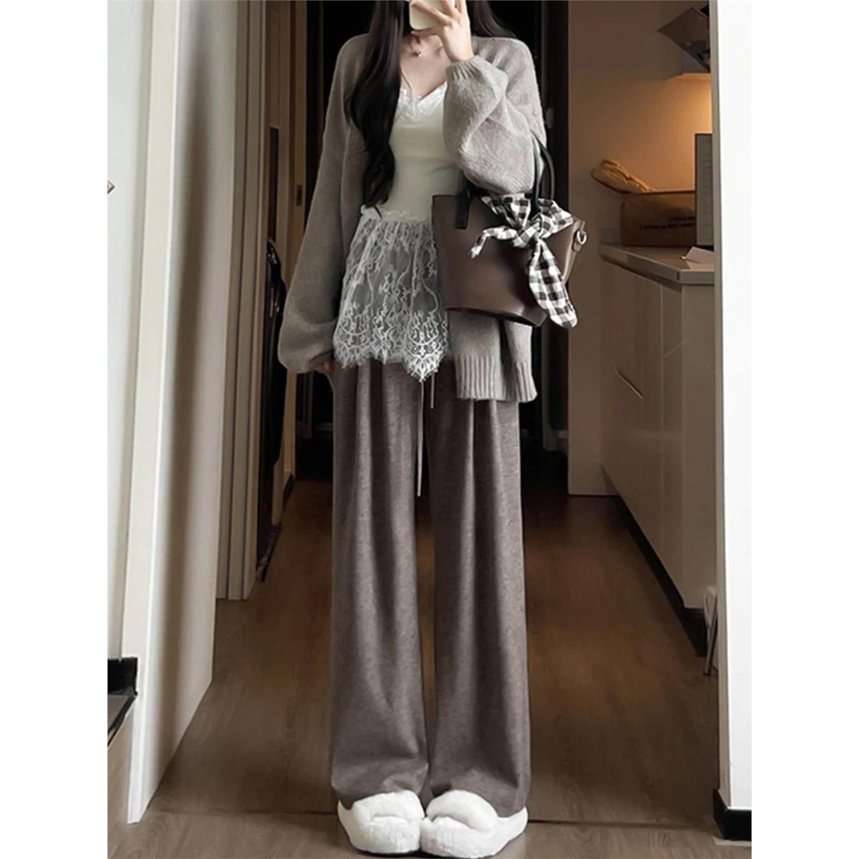 浅色糯米休闲裤女秋冬加绒胖妹妹mm高腰宽松显瘦梨型身材阔腿裤子,淘宝优惠券,粉丝福利购,淘宝优惠卷