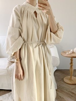 MICOCO!Chic Korean new product temperament V-neck cotton and linen style lantern sleeve dress loose long skirt