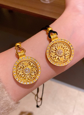 古法仿真黄金镶嵌莫桑钻镶钻八罗宝盘吊坠女编绳平安扣莲花项链