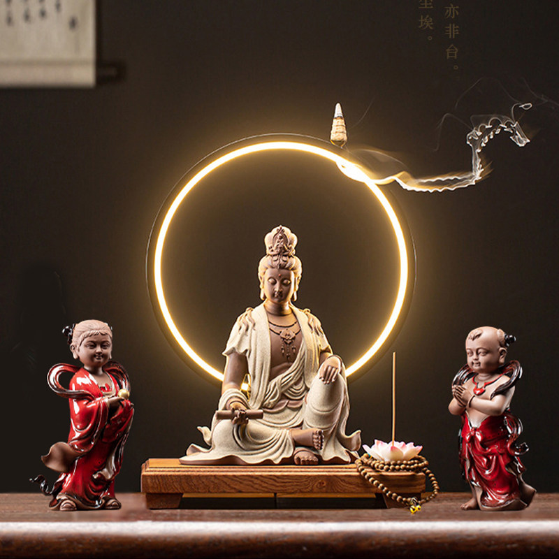 创意紫砂金童玉女观音菩萨佛像摆件保平安桌面装饰摆设陶瓷人物