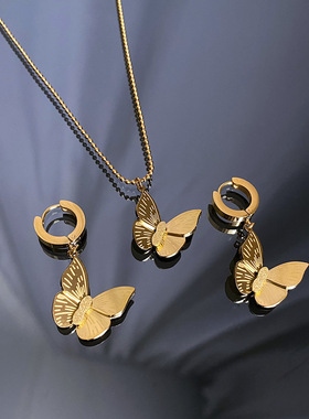 钛钢不掉色欧美风蝴蝶项链耳环