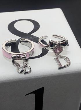 甜酷粉钻蝴蝶结开口戒指女