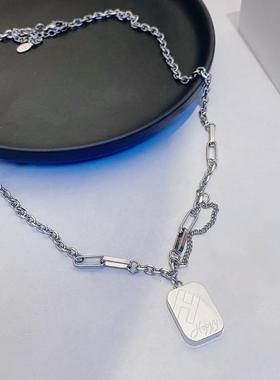 简约设计方牌吊坠钛钢项链女