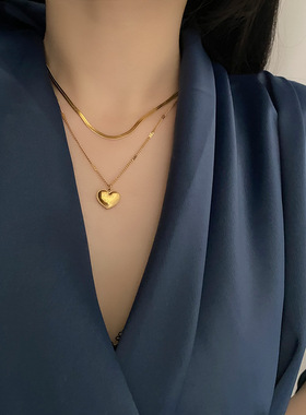 钛钢项链女气质桃心双层锁骨链