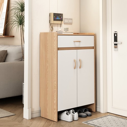 实木鞋柜家用门口大容量门厅柜带衣架白色胡桃色原木色玄关储物柜 - 图3