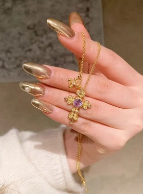 S925纯银项链九紫离火锆石鸢尾花十字架轻奢高端小众级复古锁骨颈