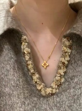 法式复中古拉丝S925纯银四叶草项链轻奢小众高端级设计感锁骨颈链