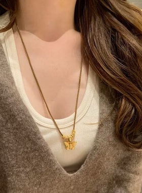 S925纯银项链新中式复古法金蝴蝶盘缠棕绳轻奢高端小众精致锁骨颈