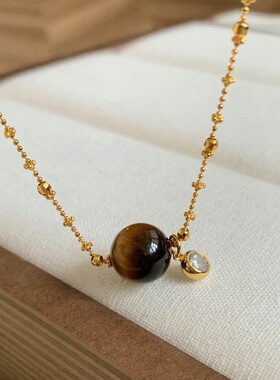 S925纯银项链虎眼石仙女镶钻锆石复古轻奢高端小众级设计感锁骨颈