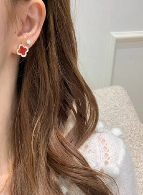 S925纯银项链天然红玉髓四叶草花朵戒指耳环轻奢高端小众级感颈链