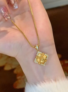 法式复中古拉丝镶钻四叶草项链轻奢小众高端级设计感气质锁骨颈链