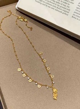 S925纯银项链国风新中式招财锦鲤拉丝镶钻金币超仙女轻奢锁骨颈链