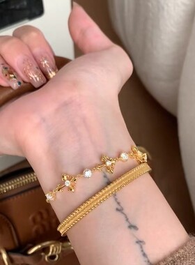 S925纯银手链碳钻鸢尾花十字架复古精致轻奢高端小众级感气质环潮