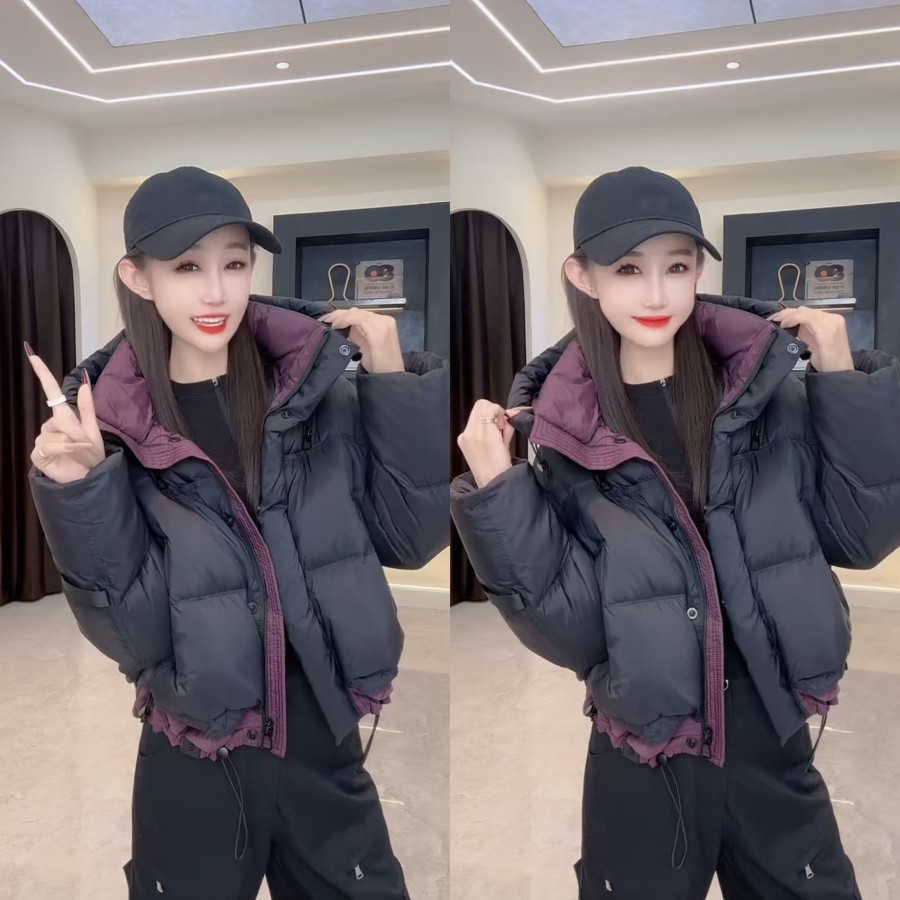 时尚连帽棉服外套2025冬季新款拼接撞色黑加仑休闲洋气面包服棉衣 - 图3