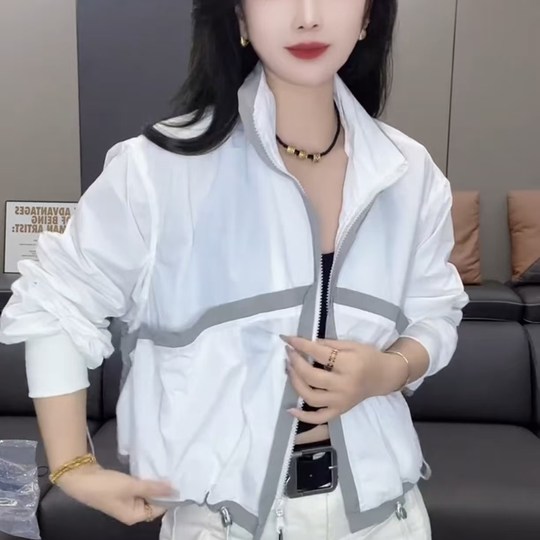 Contrasted color sun protection jacket with hemmed lines and casual short top