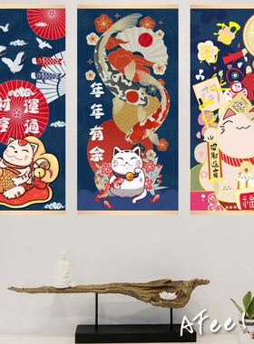 招财猫文字装饰画财神壁画艺术茶餐厅挂画奶茶美甲店墙画遮挡画