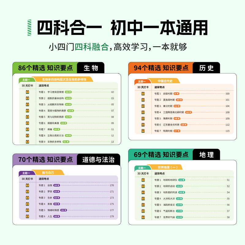 初中小四门必背知识点人教版一本通初一二三政治历史地理生物知识大盘点七八九年级上册下册30天速记秒记知识汇总高频考点初中通用