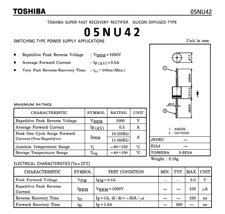 05NU42 Q进口二极管东 芝 超快恢复100ns 1000V 0.5A原装无铅R-1 - 图1