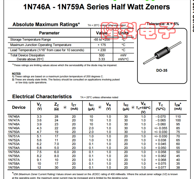 1N751ATR直插F751A进口仙童5V1 5.1V稳压二极管1N751A原装DO-35 - 图1