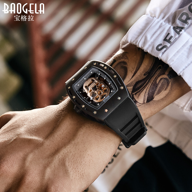 宝格拉Baogela手表镂空理查德骷髅夜光个性霸气潮流男士学生手表