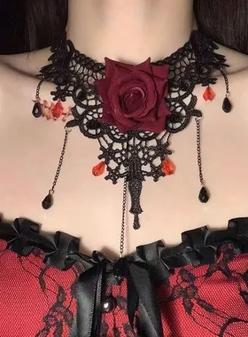 项链颈链脖子复古轻奢蕾丝玫瑰花高端万圣节红色暗黑锁骨链小众