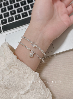 极细碎银子仿珍珠水晶手链轻奢高级感小众精致爱心叠戴手串手饰女