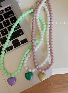 手工串珠爱心甜美少女项链