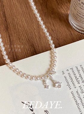 李大爷的店 串珠不对称锆石吊坠气质珍珠项链百搭高级感简约项链