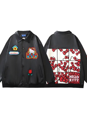 chaonimei潮牌HelloKitty贴布绣皮衣机车外套女宽松学院风夹克男
