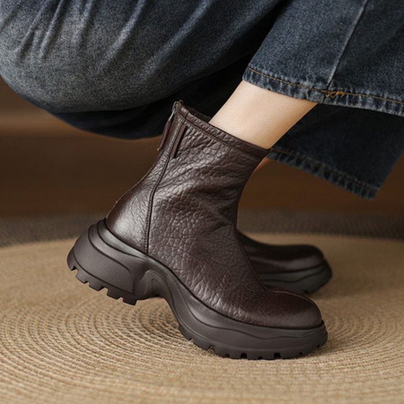 2025新款法式复古真皮圆头粗跟中跟单鞋女短靴瘦瘦靴女高跟鞋女款,淘宝优惠券,粉丝福利购,淘宝优惠卷