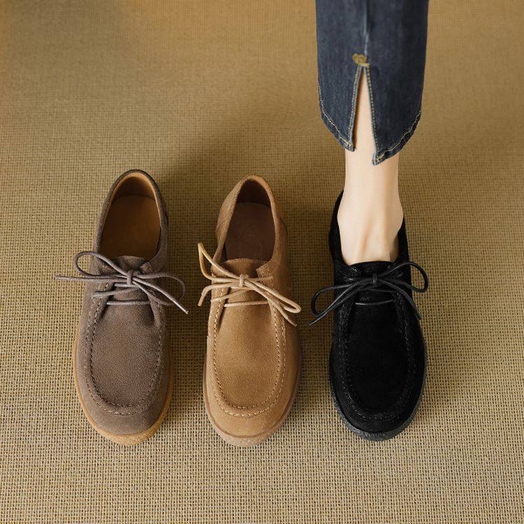 翻毛皮~暴走老钱风~厚底乐福鞋女2025新款真皮平底单鞋系带豆豆鞋,淘宝优惠券,粉丝福利购,淘宝优惠卷