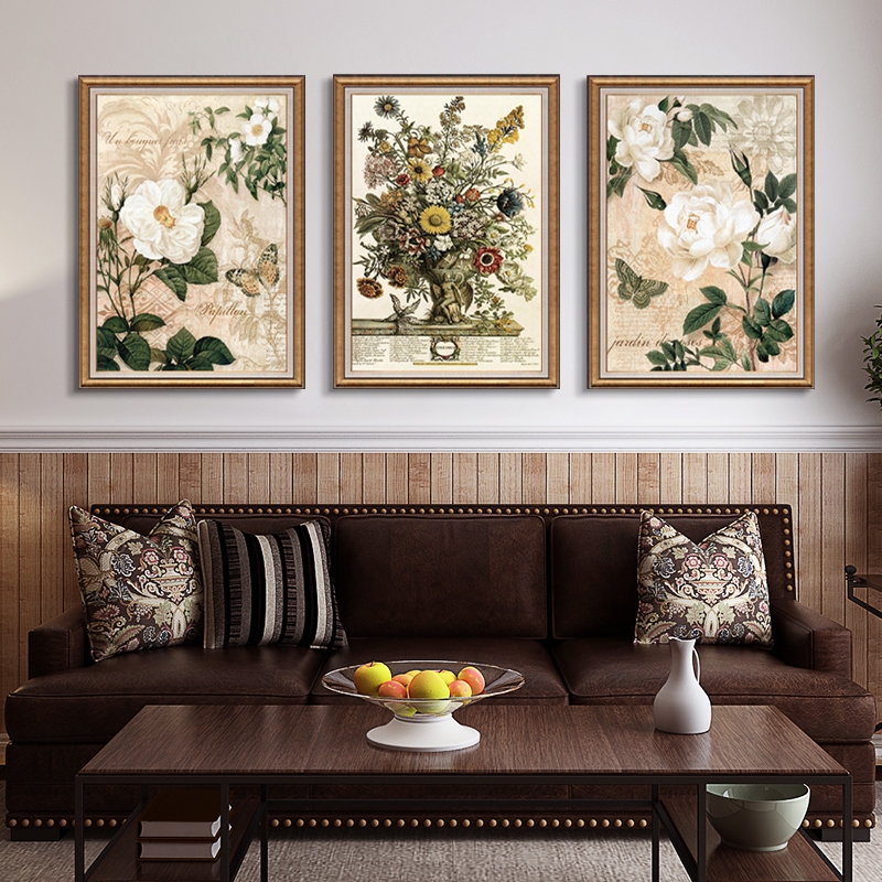 客厅三联画高端美式风格花卉油画挂画小众艺术装饰画复古组合壁画