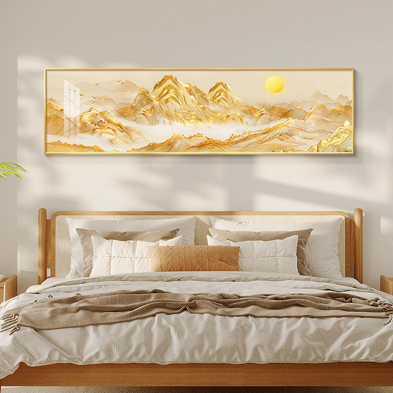 日照金山卧室床头装饰画轻奢高级感客厅聚财挂画茶室主卧简约壁画