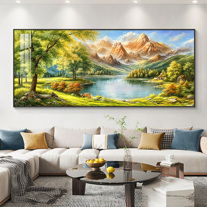 山水画客厅挂画聚宝盆沙发背景墙装饰画手绘油画风景壁画高档大气