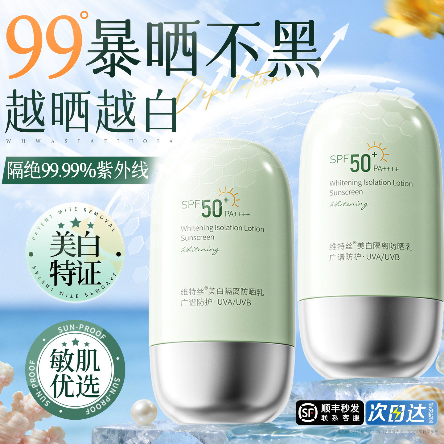 维特丝美白防晒霜50+倍防紫外线正品官方旗舰店隔离乳女男士专用