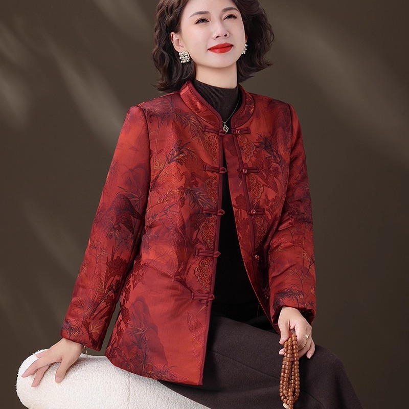 新中式妈妈冬装羽绒棉服外套老年人60岁70喜婆婆婚宴唐装保暖上衣 - 图2