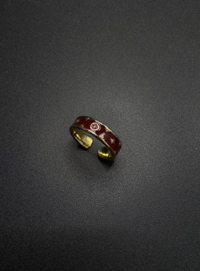 Vintage古著克罗老花酒红金色复古开口戒指小众设计简约轻奢91955
