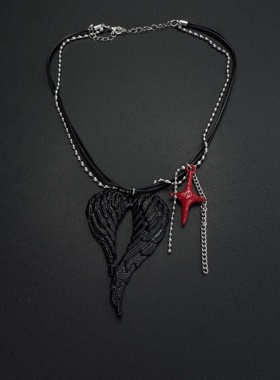Vintage古著暗黑系朋克双色串珠拼接情侣磁吸翅膀爱心项链B121552