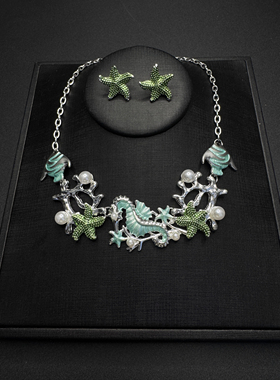 Vintage古着设计感古早风独特小众海洋系列项链耳饰套装B61771