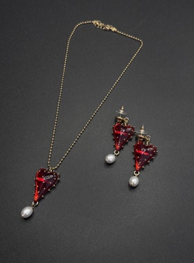 巴洛克项链红色心耳环小众时尚中古爱心创意耳钉新款耳饰女P10252